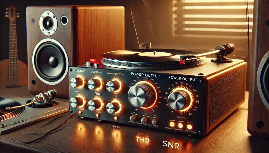Close-up of a high-quality amplifier connected to a turntable setup with glowing volume knobs and speakers, highlighting its role in boosting the audio signal.