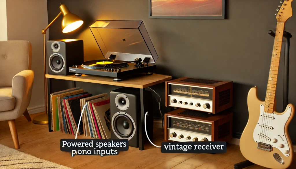 Cozy office setup with a modern turntable connected to powered speakers on one side and a vintage receiver on the other, showcasing alternative amplifier solutions.