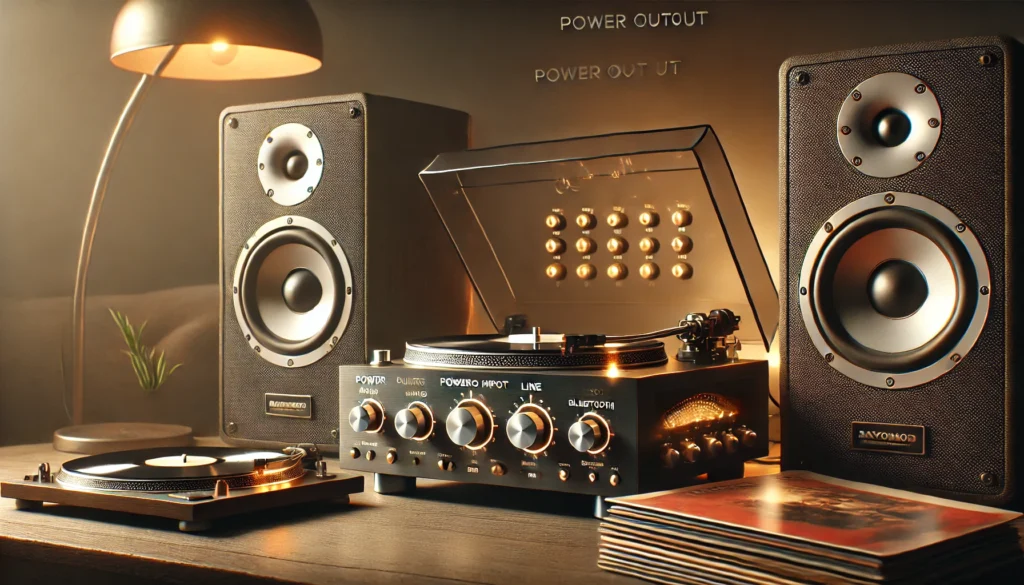 Detailed audio setup with a turntable connected to an illuminated amplifier and speakers, emphasizing key factors like power output, phono input, and sound signature.