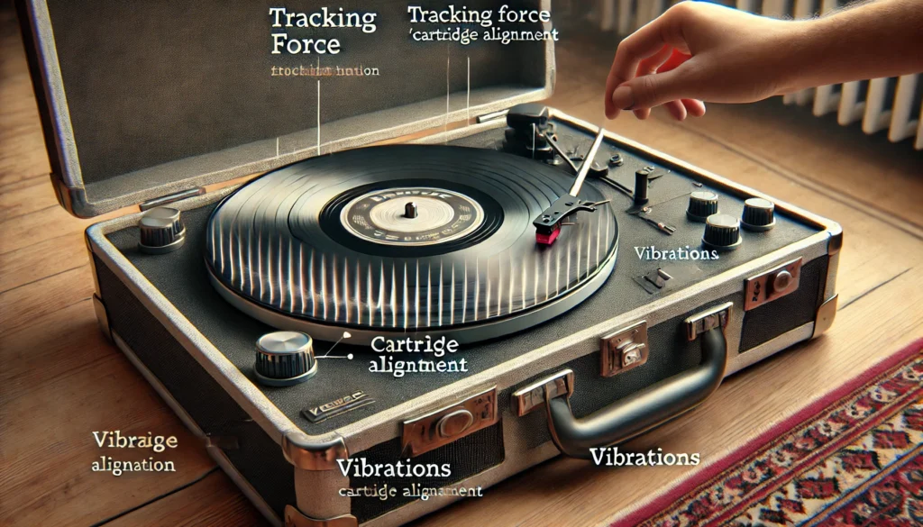 Close-up of a suitcase turntable playing a vinyl record, showing excessive tracking force and vibrations from built-in speakers, highlighting potential risks to vinyl records.