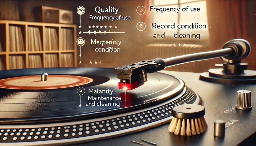 Close-up of a stylus playing a clean vinyl record, with annotations highlighting 'Quality,' 'Frequency of Use,' 'Record Condition,' and 'Maintenance' as factors affecting lifespan.