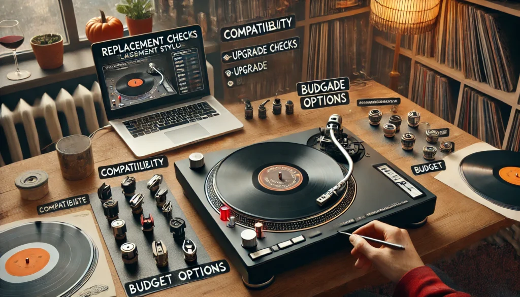 Turntable setup with various replacement styluses on display, highlighting compatibility checks, upgrade options, and budget considerations in choosing the right stylus.