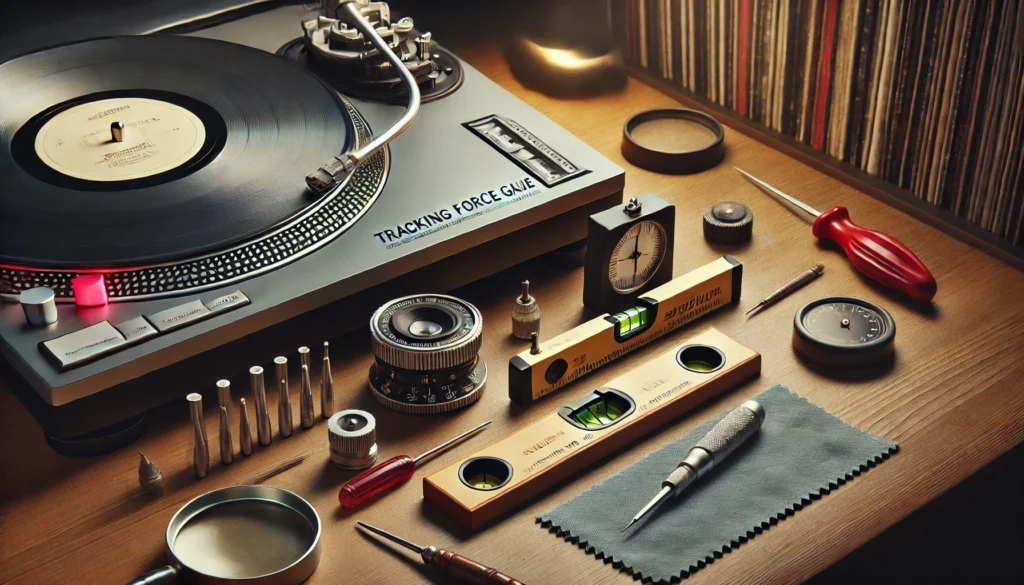 Detailed setup of essential tools for balancing a turntable arm, including a tracking force gauge, screwdriver, spirit level, and lint-free cloth in a cozy vinyl listening space.