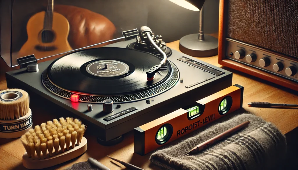 Cozy vinyl listening setup with a turntable, carbon fiber brush, and spirit level, emphasizing proper maintenance, balanced tonearm, and dust-free operation for optimal sound quality.