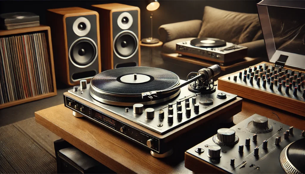 A detailed close-up of a modern turntable setup, showcasing key components like the platter, tonearm, cartridge, and motor. The scene is set in a cozy, stylish listening room, with soft lighting emphasizing the precision of the turntable, surrounded by vinyl records and speakers on a wooden shelf. This image highlights the technical elegance that makes a turntable the heart of any serious vinyl system.