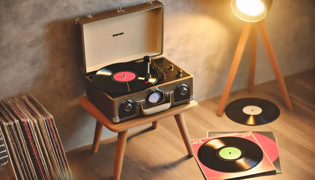 A cozy scene featuring a vintage-style record player with built-in speakers, set on a small wooden table surrounded by vinyl records. The record player has a suitcase design with a nostalgic feel, perfect for casual vinyl listening. Soft lighting enhances the warmth of the space, highlighting the simplicity and convenience of an all-in-one record player, ideal for newcomers to the vinyl experience.