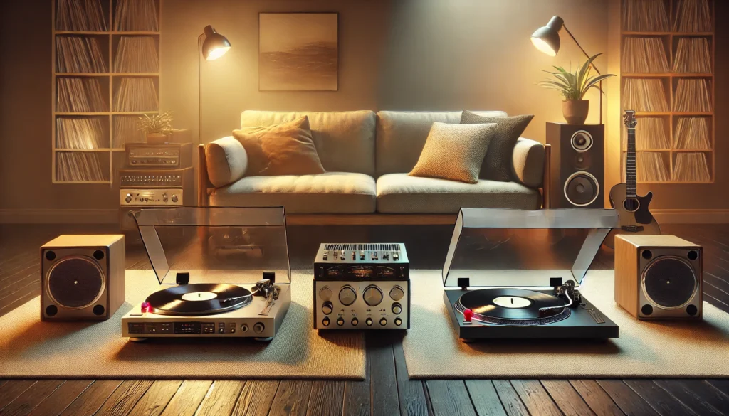 A cozy living room featuring two turntable setups with vinyl records spinning, vintage stereo equipment, large speakers, and a soft couch in the background, illuminated by warm lighting. A guitar rests against the wall, and a collection of vinyl records is displayed on shelves