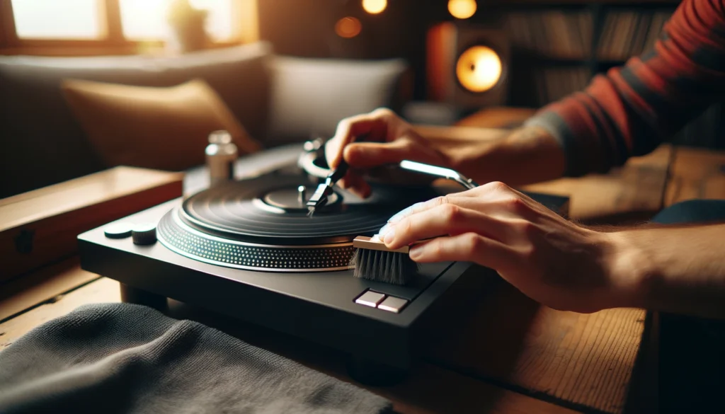 A close-up of a person gently cleaning a record player stylus with a carbon fiber brush in a cozy living room setup, showcasing proper turntable maintenance in a warm, ambient-lit space.