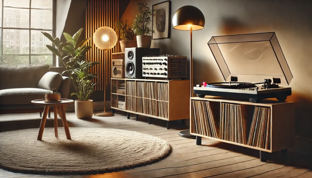 A modern, stylish living room featuring a vinyl turntable setup with a dust cover in place. The turntable is well-maintained, and a collection of vinyl records is neatly organized in a record shelf next to it. The cozy room is softly lit with warm lighting, a soft rug on the floor, and minimalistic decor.