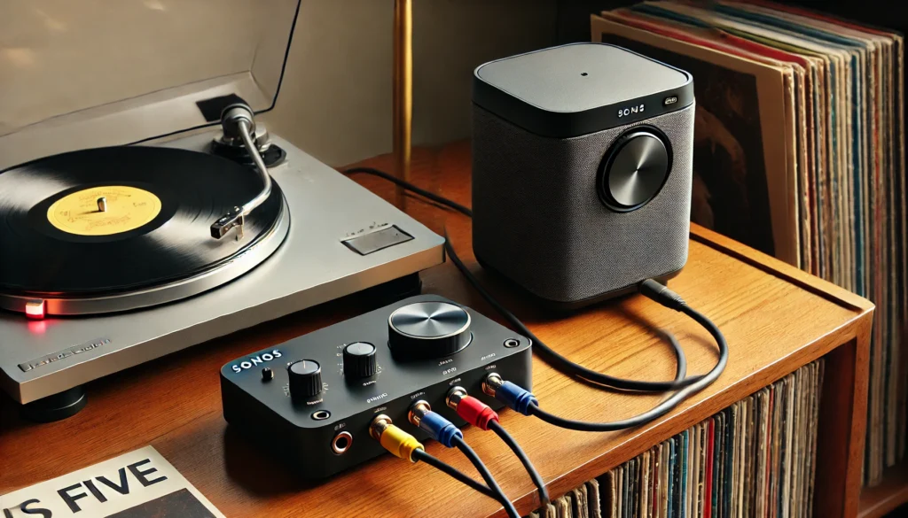 A turntable connected to a phono preamp and a Sonos Five speaker using RCA cables. The setup includes a wooden console with vinyl records and focuses on the connection process, illustrating how analog sound meets modern wireless audio technology.