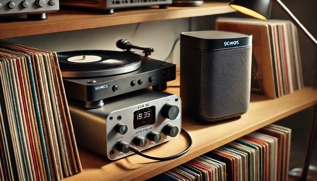 A modern turntable connected to a Sonos Five speaker with a phono preamp in between, showcasing the importance of compatibility. The setup is in a clean, well-lit living room, with vinyl records and accessible placement of the Sonos device, blending vintage and modern audio technology.