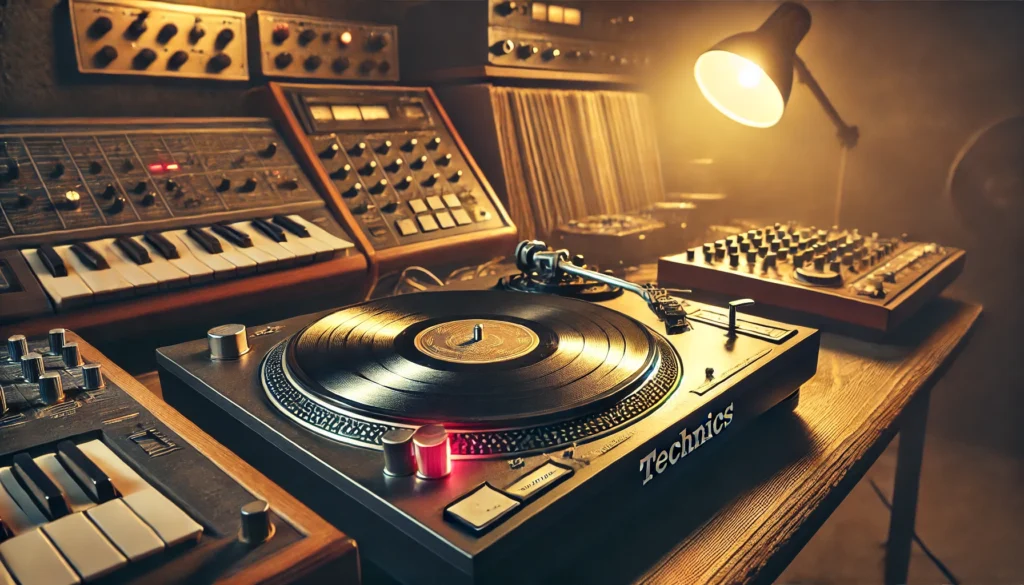 A retro-style turntable scene featuring the legendary Technics SL-1200, surrounded by vinyl records in a warm, dimly lit studio with analog synthesizers in the background. The nostalgic atmosphere highlights the timelessness of trip-hop music, evoking the creative mastery of Portishead's sound.