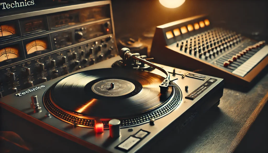 A close-up of the Technics SL-1200 turntable with a vinyl record spinning, set in a dimly lit, vintage studio. The focus is on the turntable's craftsmanship, showcasing its robust motor and pitch control features, surrounded by subtle details of analog equipment, evoking Portishead's innovative trip-hop sound.