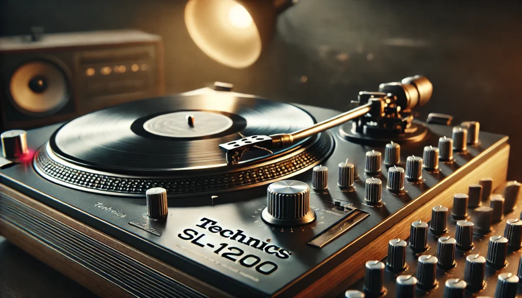 A close-up of the Technics SL-1200 turntable, focusing on the pitch control slider and the spinning vinyl record. The dimly lit, retro-style studio background highlights the sturdy, reliable build of the turntable, capturing its essential role in experimental music, especially in the sound of Portishead.