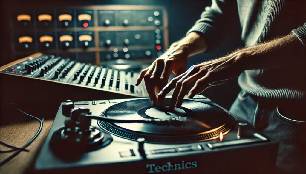 A close-up of a DJ's hands manipulating a Technics SL-1200 turntable, using the pitch control slider to slow down a vinyl record. The dimly lit, moody studio background features analog equipment and synthesizers, capturing the experimental approach to turntablism that defines Portishead's unique sound.