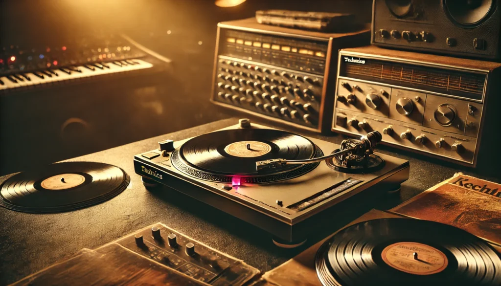 A nostalgic scene featuring the Technics SL-1200 turntable surrounded by scattered vinyl records in a dimly lit, warm-toned studio. The subtle golden light reflects off the turntable, evoking its enduring appeal and legacy in music, from Portishead to modern producers. The blend of vintage and modern equipment in the background symbolizes the transition from analog to digital in music production.