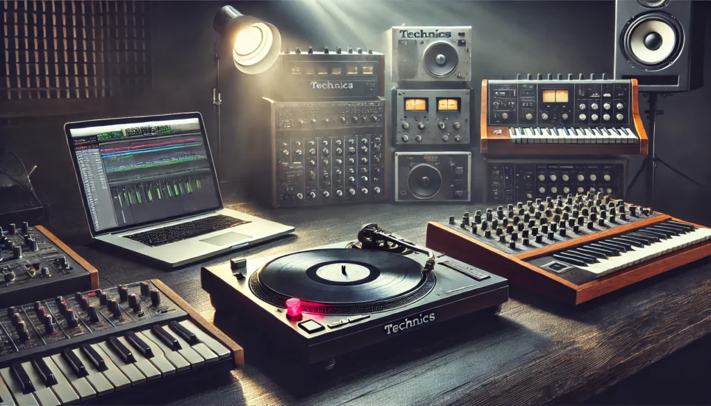 A studio scene blending analog and modern digital music equipment, featuring the Technics SL-1200 turntable alongside MIDI controllers, laptops, and other high-tech gear. The dramatic lighting emphasizes the fusion of nostalgic analog warmth and sleek modern technology, symbolizing the evolution of Portishead's sound over the years.