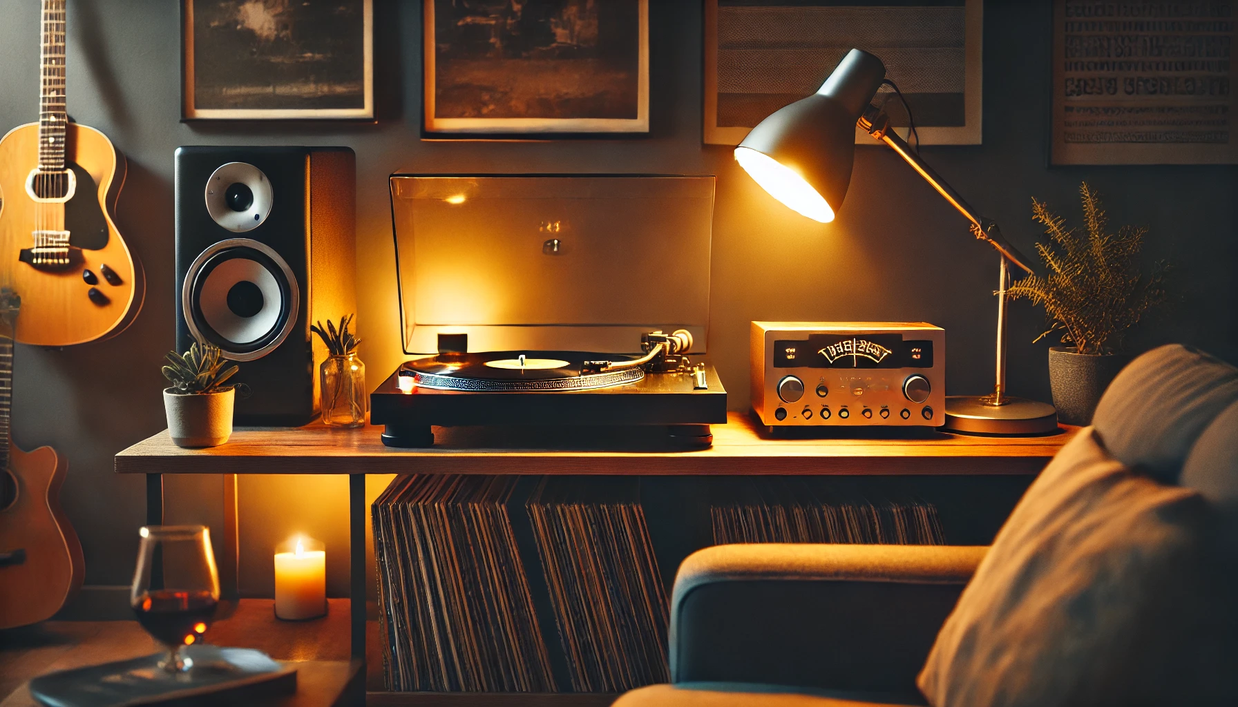 A cozy vinyl listening setup featuring a turntable illuminated by soft, warm ambient lighting. The glow highlights the turntable and vinyl records, creating an inviting atmosphere perfect for an intimate listening session. Surrounding elements include speakers and records, emphasizing the role of lighting in enhancing both the aesthetics and functionality of the vinyl experience.