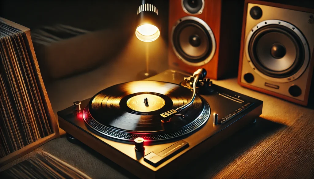 A turntable illuminated by a warm, focused light highlighting the vinyl record and needle for precise visibility. Dust particles are visible on the record, emphasizing the importance of lighting for proper maintenance. The cozy, dimly lit room includes speakers and vinyl records, balancing aesthetics with functionality in a welcoming setup.