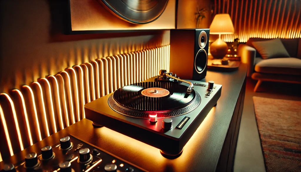 A stylish turntable setup illuminated by warm, ambient lighting that highlights the spinning vinyl record. LED strips provide a sleek, modern touch, while the soft lighting creates an inviting and cozy atmosphere. The scene emphasizes the balance between functionality and aesthetics, turning the turntable into a visual centerpiece of the room.