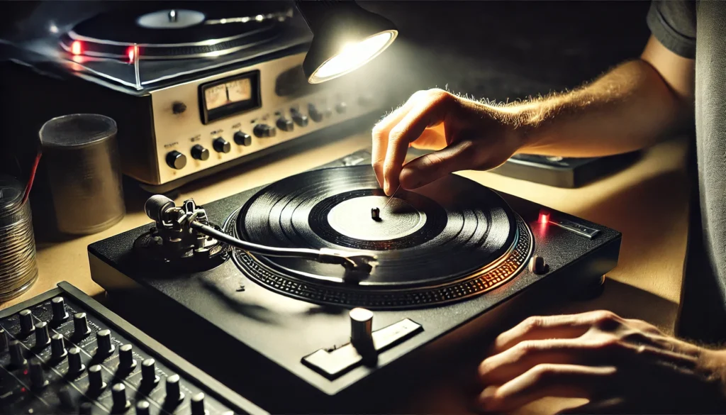 A close-up of a turntable with a vinyl record illuminated by bright, focused light, revealing dust and tiny scratches on the surface. A hand carefully cues the needle onto the record, showcasing the practical benefits of proper lighting for accurate needle placement and enhanced record maintenance. The clean, organized setup emphasizes the importance of lighting in vinyl care.