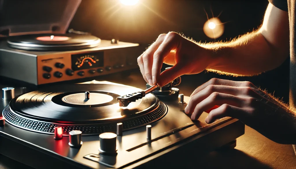 A close-up of a turntable illuminated by bright, precise lighting, highlighting the cartridge, tonearm, and strobe dots for speed adjustment. A person carefully aligns the cartridge, ensuring optimal turntable operation with clear visibility of small details like tracking force and belt condition. The focused lighting emphasizes the technical side of vinyl listening and the importance of precision.