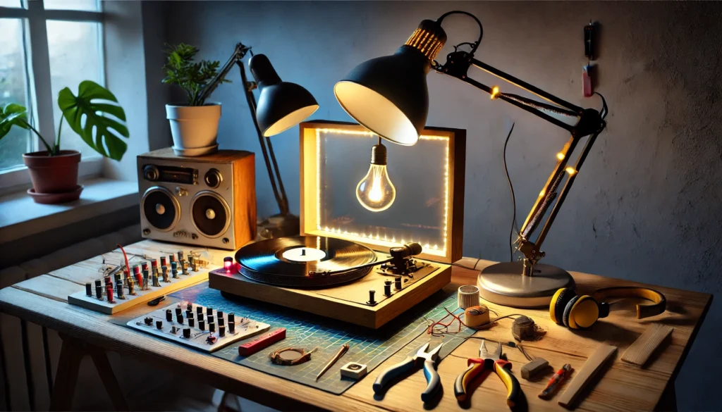 A creative DIY turntable lighting setup featuring budget-friendly solutions like a simple desk lamp and LED strips. The scene showcases a cozy listening space, with custom lighting highlighting the turntable and tools like scrap wood and a light box hinting at the DIY process. The playful atmosphere demonstrates how affordable lighting solutions can enhance the setup without breaking the bank.