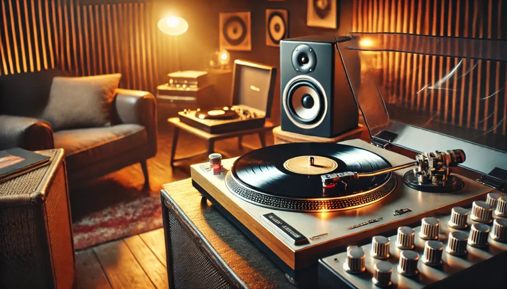 A vinyl turntable setup with a record weight placed on a spinning vinyl record in a cozy listening room. Warm ambient lighting highlights the turntable as the focal point, with speakers, vinyl records, and a comfortable seating area in the background. The scene emphasizes the stability and precision provided by the record weight, blending modern and vintage elements for an inviting atmosphere perfect for vinyl enthusiasts.