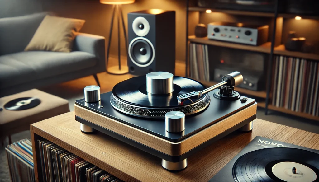 A vinyl turntable with a sleek metal record weight placed on a spinning vinyl record, stabilizing the record for smooth playback. The setup is modern and stylish, with a cozy listening space in the background, featuring soft lighting, speakers, and vinyl records on a shelf. The image emphasizes the functionality of the record weight in improving sound quality and reducing vibrations.