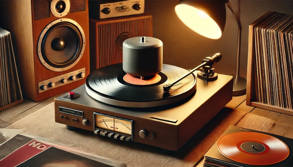 A vinyl turntable setup with a record weight placed on top of a slightly warped vinyl record, stabilizing it for smoother playback. The cozy listening space includes speakers, warm lighting, and nearby vinyl records, emphasizing the practical benefits of using a record weight to reduce vibrations and improve sound quality, especially for warped records or lighter platters.