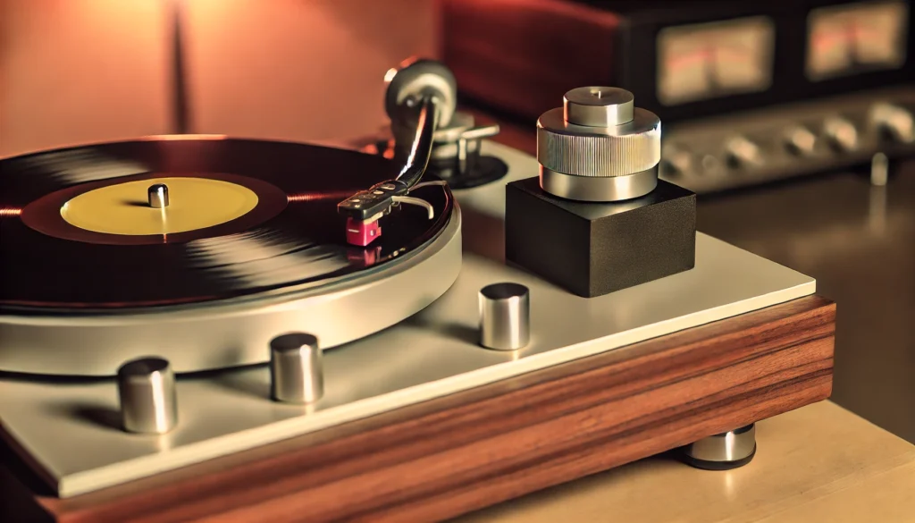 A vinyl turntable setup with a record weight on a spinning vinyl record, highlighting potential drawbacks like increased wear and tear on the motor and bearings. The scene includes a slightly worn-out turntable and a warped vinyl record, emphasizing the need for careful use of record weights to avoid damaging equipment or records. Warm lighting adds a reflective mood, illustrating the balance needed in audio gear.