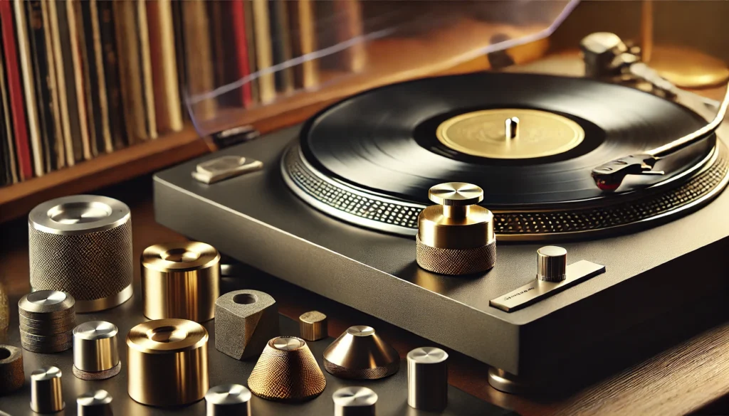 A vinyl turntable setup with a brass record weight placed on a vinyl record, highlighting the process of choosing the right weight. Nearby, different materials like aluminum, brass, and carbon fiber record weights are displayed, emphasizing the importance of selecting the right size and material. The cozy listening space features soft lighting and vinyl records, illustrating the careful consideration needed for optimal sound quality and turntable compatibility.