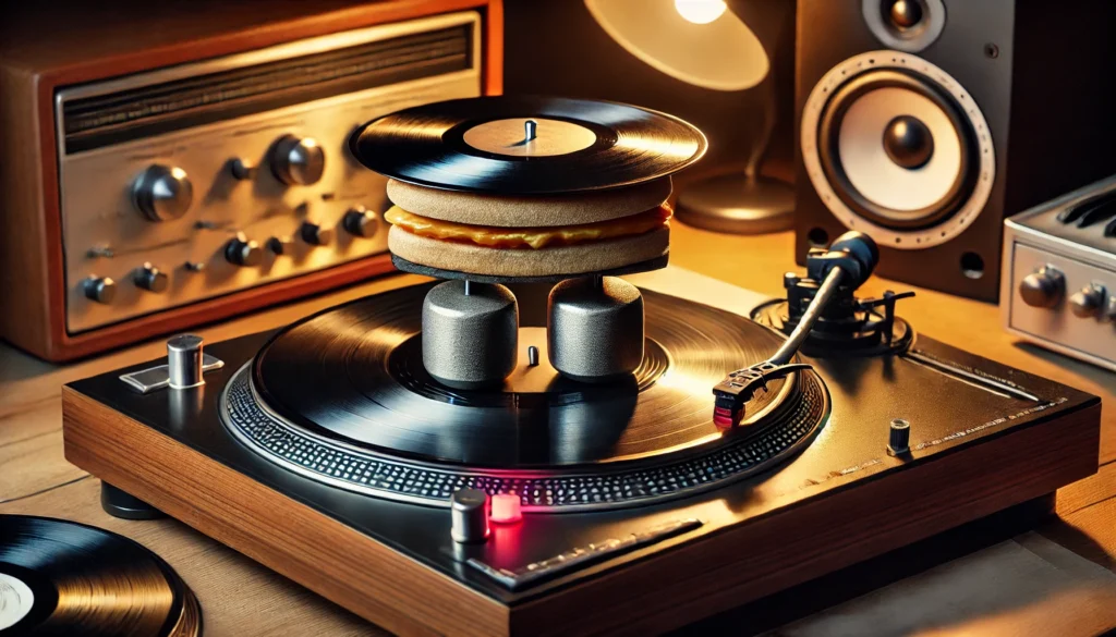  A vinyl turntable setup with two turntable weights—one placed on top of the spinning vinyl record and another underneath the platter—creating a 'vinyl sandwich' effect. The cozy atmosphere features warm lighting, speakers, and vinyl records, illustrating the benefits of increased stability and vibration damping, while also highlighting the potential strain on the turntable's motor from using multiple weights.