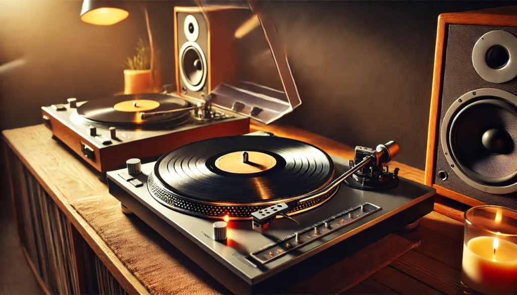 A vinyl turntable setup with the platter slightly lifted to reveal the turntable belt underneath. The cozy listening space includes vinyl records and speakers in the background, highlighting the importance of turntable belt maintenance and longevity. Warm lighting adds to the inviting atmosphere, perfect for discussing turntable belt care and replacement.