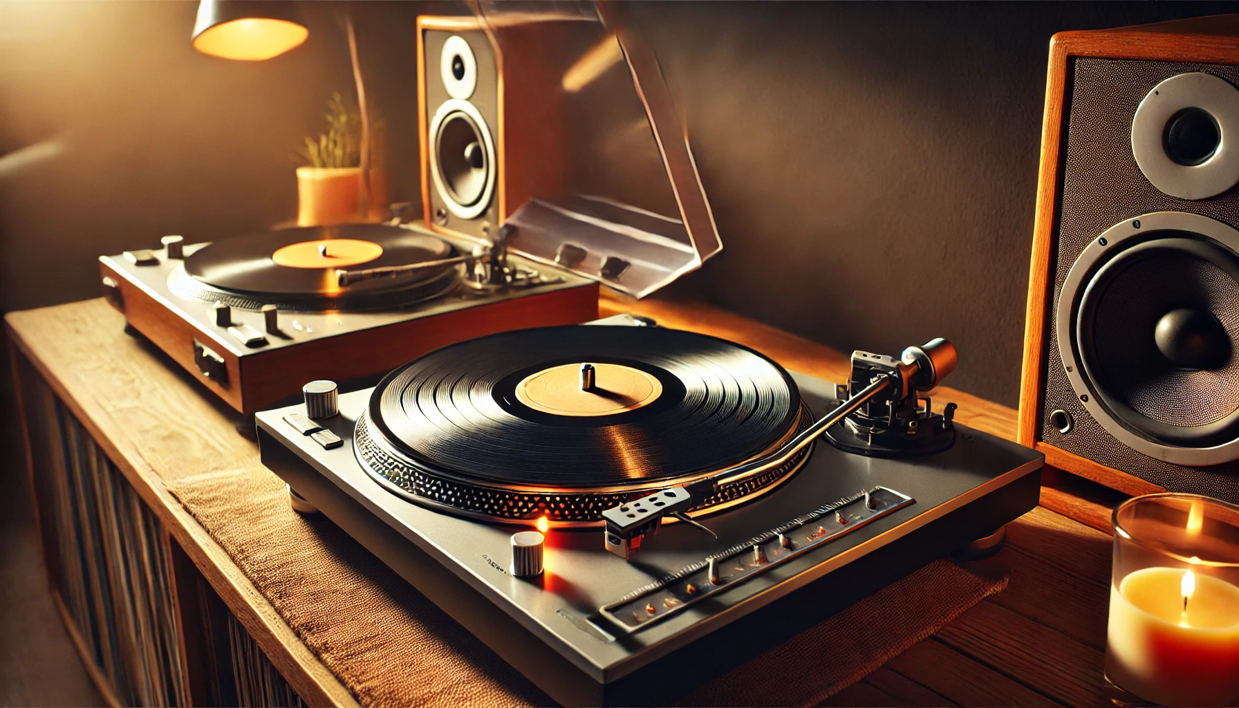 A vinyl turntable setup with the platter slightly lifted to reveal the turntable belt underneath. The cozy listening space includes vinyl records and speakers in the background, highlighting the importance of turntable belt maintenance and longevity. Warm lighting adds to the inviting atmosphere, perfect for discussing turntable belt care and replacement.