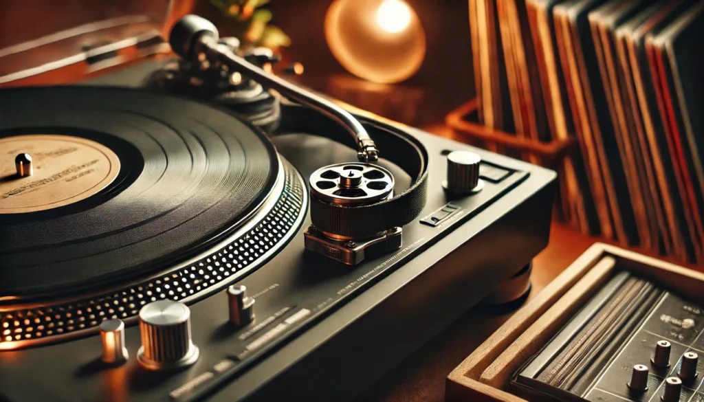 A close-up of a vinyl turntable with a focus on the belt wrapped around the motor and platter, highlighting the belt's role in maintaining smooth playback. The cozy background includes vinyl records and warm ambient lighting, emphasizing the importance of regular maintenance to extend the belt's lifespan and ensure optimal sound quality.