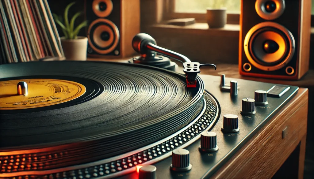 A close-up of a turntable belt showing signs of slight stretching due to regular usage over time. The cozy listening space in the background includes vinyl records and speakers, illustrating how factors like heat, usage, and gravity affect the belt, leading to potential speed inconsistencies and performance issues such as wow and flutter.