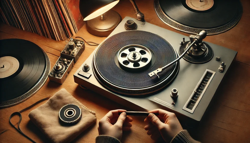 A scene showing someone carefully replacing a turntable belt, with the platter removed and the new belt being stretched around the inner ring. The cozy setup includes vinyl records, warm lighting, and a soft cloth for cleaning the platter and pulley, emphasizing the gentle process of installing the new belt and ensuring it seats properly on the motor pulley.