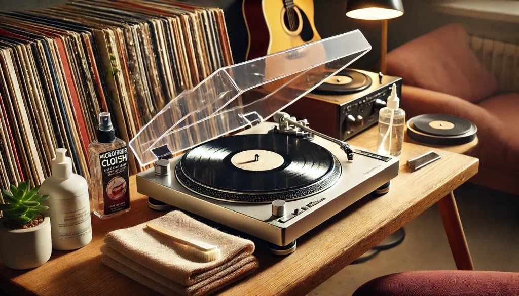 A turntable setup featuring a clean and polished dust cover with nearby cleaning supplies, ready for maintenance.