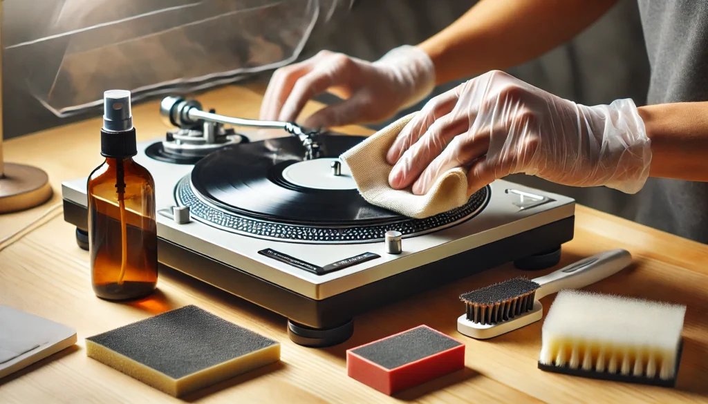 A close-up view of someone using a microfiber cloth to apply plastic polish to a turntable's dust cover, with fine-grit sandpaper and cleaning supplies nearby.