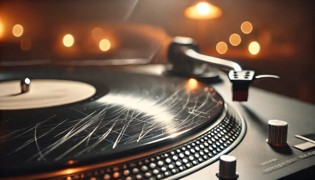 A close-up view of a scratched turntable dust cover with visible light surface scratches in a warm vinyl listening space.