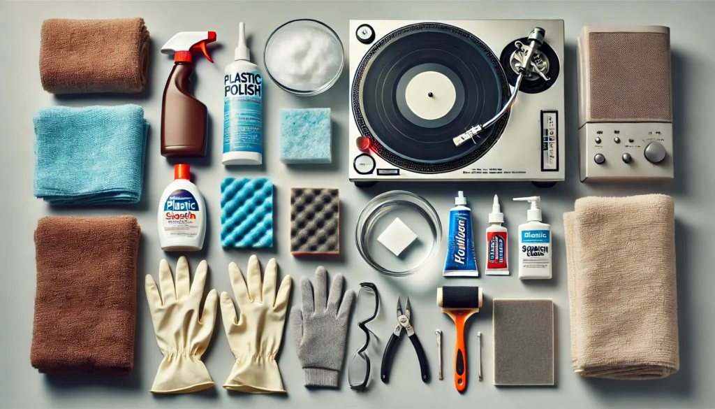 A neatly arranged collection of cleaning supplies for removing scratches from a turntable dust cover, including microfiber cloths, plastic polish, toothpaste, warm water with dish soap, a lint-free towel, rubber gloves, safety glasses, and a scratch repair kit with sandpaper and a buffer pad.