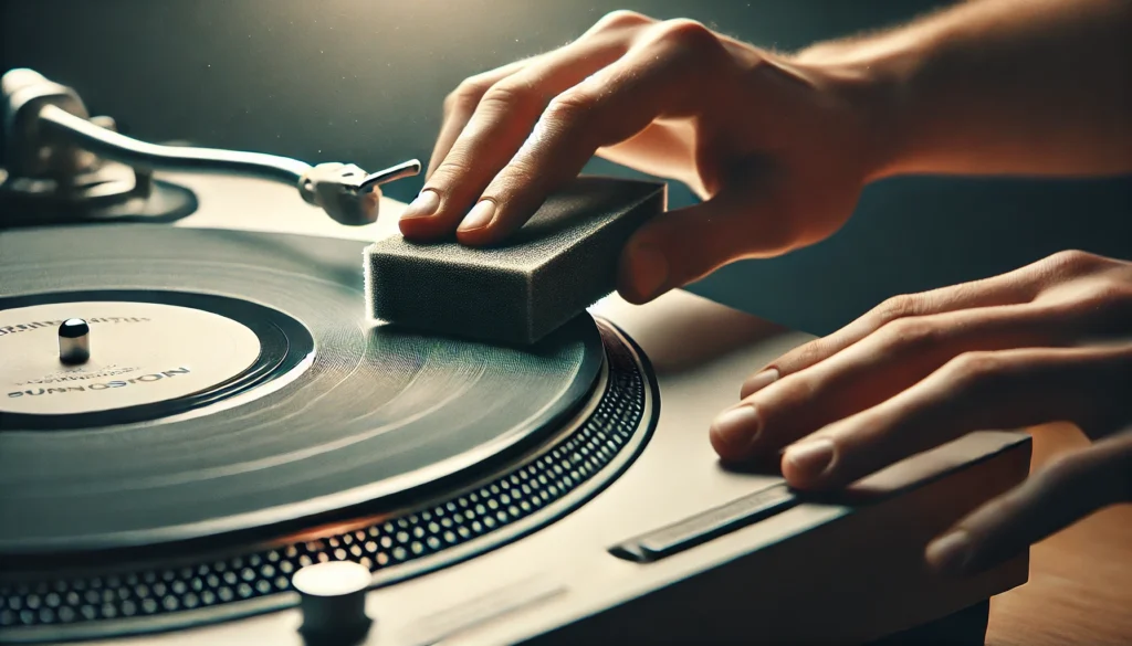 A close-up view of a person carefully using fine-grit sandpaper to remove deep scratches from a turntable dust cover.