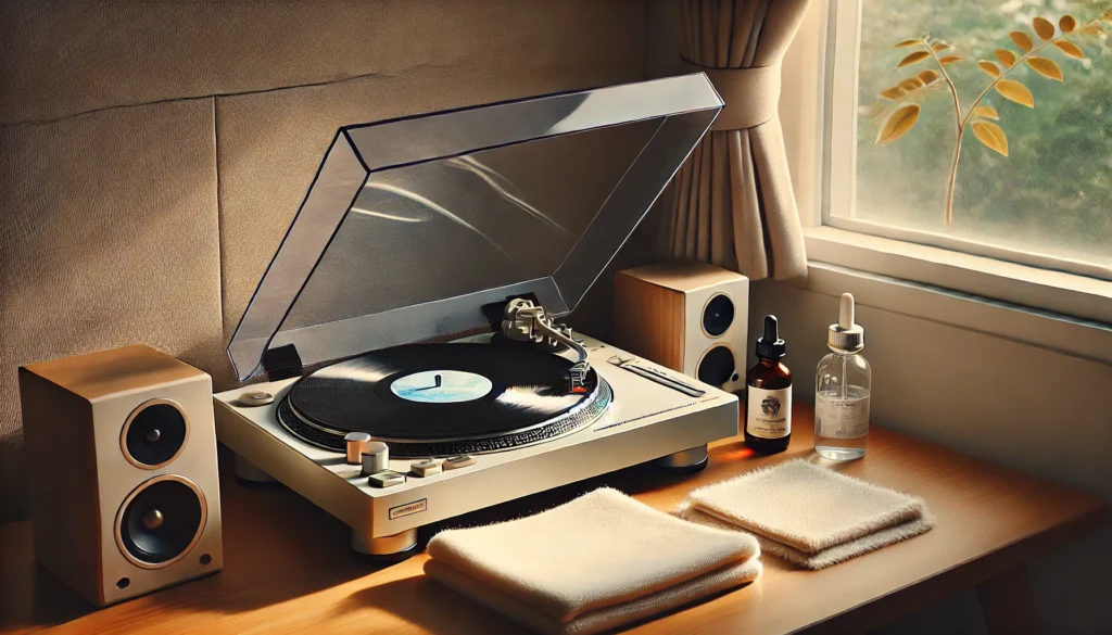 A cozy turntable setup with a clear, scratch-free dust cover in a well-lit room. Nearby, a soft microfiber cloth and mild cleaning solution are placed, highlighting the importance of gentle maintenance to prevent future scratches.