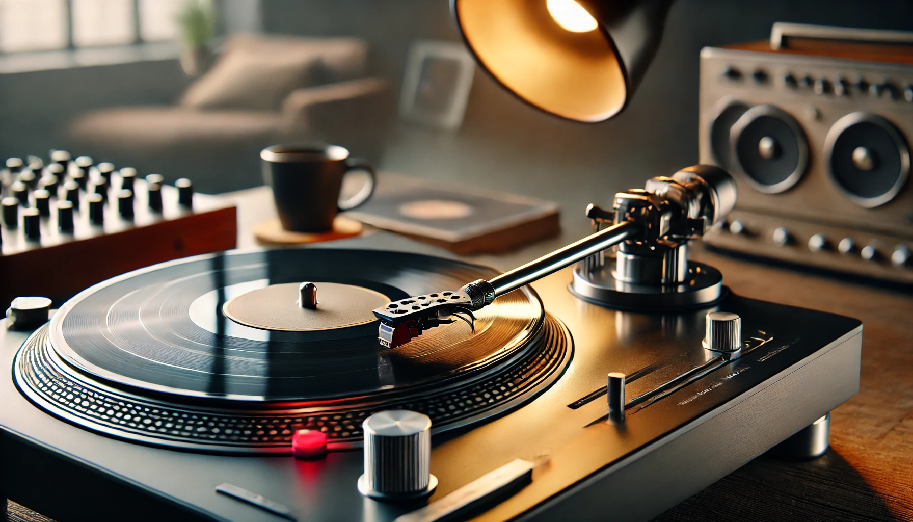 A stylish vinyl turntable setup with a focus on the turntable needle, gently lowered onto a vinyl record. The scene is cozy and modern, with soft lighting highlighting the glossy surface of the record. A cup of coffee and a few vinyl album covers are casually placed in the background, adding to the warm and relaxed atmosphere.