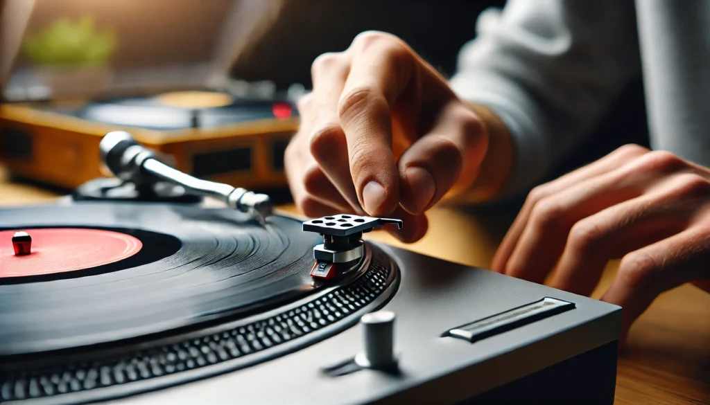 A close-up view of a person carefully changing a turntable needle, with focus on the cartridge and vinyl in the background.