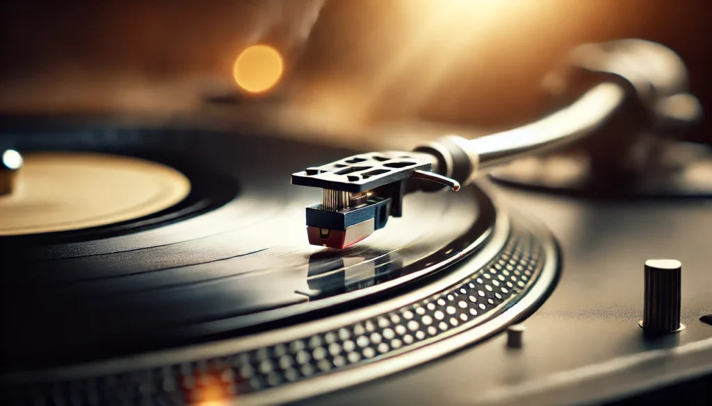 Close-up view of a high-quality turntable needle (stylus) playing a vinyl record, emphasizing the grooves of the record and the needle's tip in focus。