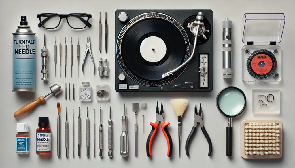 A neatly arranged set of tools and materials for changing a turntable needle, including a replacement needle, small flathead screwdriver, needle-nose pliers, soft brush, can of compressed air, and a magnifying glass on a clean surface.