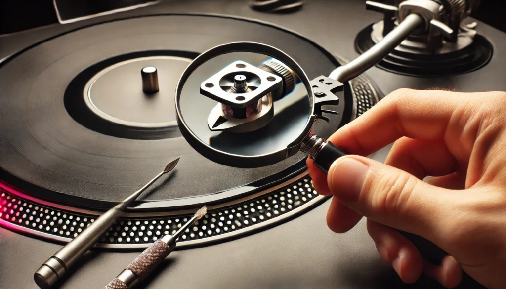 Close-up of a turntable cartridge and stylus, with a magnifying glass focused on the needle tip for detailed inspection.