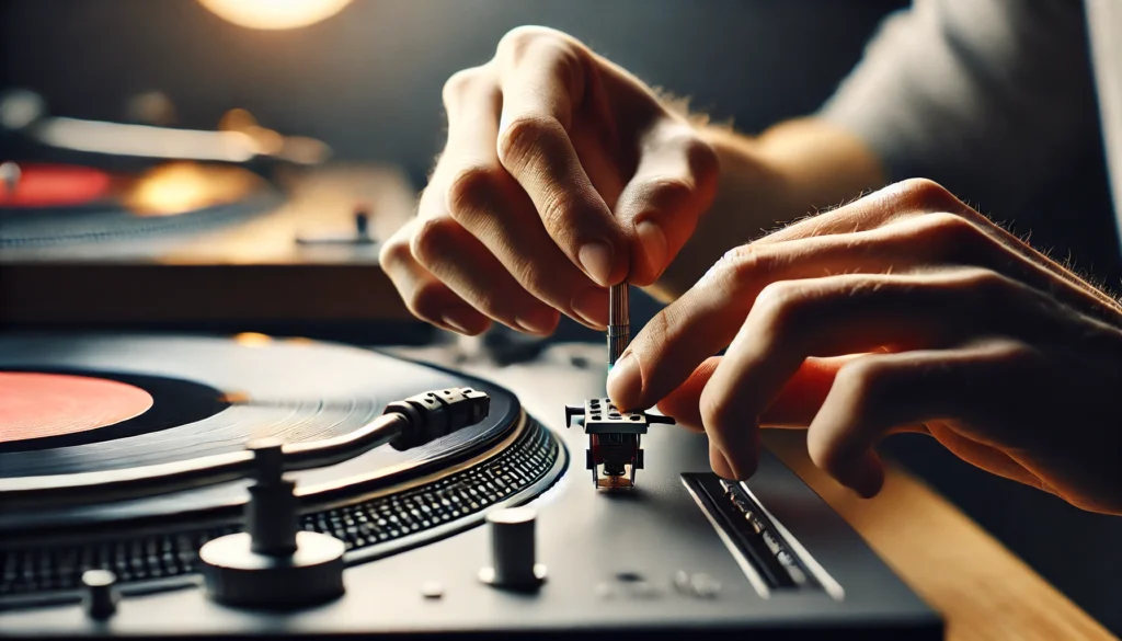 Close-up of a person carefully replacing a turntable needle, focusing on the precise alignment of the needle with the cartridge.